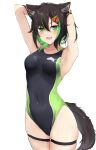  1girl :d animal_ears armpits arms_behind_head arms_up bangs bare_arms black_swimsuit blush breasts brown_hair cat_ears cat_girl cat_tail cowboy_shot green_eyes green_hair hair_between_eyes hair_ornament hairclip highres looking_at_viewer medium_breasts medium_hair one-piece_swimsuit original shuuzo3 simple_background smile solo standing swimsuit tail thigh_strap two_side_up white_background 