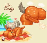  1girl animal_ears ass beach breasts cum full_body futanari highres large_breasts large_penis penis pixel_art sand self_upload solo sweat tail thighhighs wolf_ears wolf_tail 