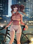  1girl ass_visible_through_thighs bangs bicycle bike_shorts black_hair breasts contemporary double_bun earrings foxyreine genshin_impact goggles green_eyes ground_vehicle hair_bun highres jacket jewelry long_hair long_sleeves looking_to_the_side medium_breasts mona_(genshin_impact) pink_jacket shorts smile solo star_(symbol) star_earrings sweat thighs twintails watch white_shorts wristwatch 