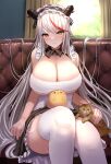  1girl aegir_(azur_lane) aegir_(iron_blood&#039;s_dragon_maid)_(azur_lane) apron azur_lane bangs blush breast_press breast_rest breasts breasts_on_head cat cleavage cleavage_cutout closed_mouth clothing_cutout couch dragon_girl dragon_horns dress frilled_dress frills garter_straps hand_on_animal highres horns huge_breasts indoors large_breasts long_hair looking_at_viewer maid maid_apron maid_headdress manda_(manda9n) multicolored_hair on_couch red_hair sitting solo streaked_hair sweatdrop thighhighs thighs white_hair white_legwear 