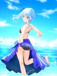  1girl ass back bangs barefoot bikini blue_bow blue_eyes blue_flower blue_nails blue_rose blue_sarong blue_sky bow breasts cloud flower from_behind hair_bow highres hololive hoshimachi_suisei legs light_blue_hair looking_at_viewer looking_back nail_polish o29sukizero outstretched_arm plaid plaid_bikini rose running sarong side_ponytail sidelocks sky small_breasts smile solo splashing standing standing_on_one_leg swimsuit thighs virtual_youtuber water water_drop wavy_hair 