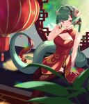  1girl architecture bangs bell black_legwear blunt_bangs blurry blurry_foreground breasts commentary_request dragon_girl dragon_tail dress earrings east_asian_architecture green_hair hair_tassel highres horns indoors jewelry jingle_bell light_rays long_hair mao_sakuramau medium_breasts open_mouth original pointy_ears print_dress red_dress red_eyes red_tassel round_window sitting sleeveless sleeveless_dress smile tail window 