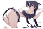  1girl animal_ear_fluff animal_ears aqua_ribbon ass back bangs bare_shoulders barefoot bent_over black_hair blue_archive blue_swimsuit blush border breasts cat_ears closed_mouth frown hair_between_eyes hair_ribbon halterneck highres long_hair looking_at_viewer mr.zhuo red_eyes ribbon serika_(blue_archive) sideboob simple_background solo sweat swimsuit twintails very_long_hair white_background white_border 