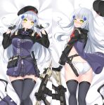  1girl absurdres ass assault_rifle bed_sheet beret black_legwear blush bra cameltoe dakimakura_(medium) feet_out_of_frame frown girls&#039;_frontline gloves green_eyes gun h&amp;k_hk416 hair_ornament hat highres hk416_(girls&#039;_frontline) jacket long_hair masabodo military_jacket open_clothes open_jacket panties parted_lips purple_skirt rifle skirt solo teardrop_facial_mark teardrop_tattoo thighhighs underwear weapon white_bra white_gloves white_hair white_panties x_hair_ornament 