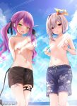  2girls amane_kanata bangs blue_hair blush breasts demon_tail ear_piercing ex_idol green_eyes hair_ornament halo heart_o-ring highres hololive long_hair looking_at_viewer midriff multicolored_hair multiple_girls navel open_mouth piercing pink_hair purple_eyes purple_hair short_hair shorts small_breasts star_halo streaked_hair sunlight tail thigh_strap tokoyami_towa twintails virtual_youtuber 