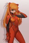  1girl arm_up blue_eyes bodysuit breasts closed_mouth cowboy_shot d.sum eyepatch gloves gradient gradient_background grey_background hair_ornament hand_in_own_hair highres long_hair looking_at_viewer medium_breasts neon_genesis_evangelion one_eye_covered orange_hair plugsuit red_bodysuit red_gloves solo souryuu_asuka_langley white_background 