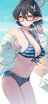  :o aochoku ayane_(blue_archive) ayane_(swimsuit)_(blue_archive) bangs bikini bikini_top_only black_hair blue_archive breasts cleavage denim denim_shorts glasses hair_between_eyes hair_ornament halo highres holding jacket low_ponytail medium_breasts ocean off_shoulder open_clothes open_jacket orange_eyes parted_lips pointy_ears ponytail red-framed_eyewear short_hair short_shorts shorts striped striped_bikini stylus swimsuit symbol-only_commentary tablet_pc water white_jacket 