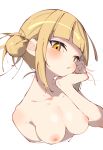  1girl absurdres bangs blonde_hair blunt_bangs blush boku_no_hero_academia breasts chestnut_mouth cleavage collarbone cropped_torso double_bun hair_bun hand_to_own_face hand_up highres looking_ahead medium_breasts nipples open_mouth puffy_nipples rasusurasu short_hair_with_long_locks sidelocks simple_background solo toga_himiko upper_body white_background yellow_eyes 