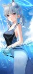  1girl absurdres animal_ear_fluff animal_ears ass bare_arms bare_shoulders blue_archive blue_eyes breasts bubble clothes_pull cloud competition_swimsuit day hair_ornament halo highres long_hair looking_at_viewer medium_breasts mismatched_pupils ocean one-piece_swimsuit partially_submerged partially_underwater_shot pomp_(qhtjd0120) shiroko_(blue_archive) shiroko_(swimsuit)_(blue_archive) short_ponytail sky solo swimsuit swimsuit_pull thighs wading water x_hair_ornament 