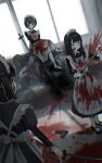  3girls absurdres apron bandaid bandaid_on_face black_hair blood blood_on_clothes blood_on_face chromatic_aberration commentary corpse crossed_legs death gun handgun highres katana long_hair maid maid_apron maid_headdress multiple_girls original pile_of_corpses pistol red_eyes sakiika0513 short_hair sitting sword weapon wiping_blood yellow_eyes 