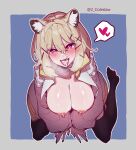  1girl :p animal_ear_fluff arknights black_legwear blonde_hair blue_background breasts cum cum_in_mouth cum_on_hair cum_on_tongue facial from_above grey_background hair_between_eyes heart highres kneeling large_breasts looking_at_viewer mirin_chikuwa nipples pink_eyes short_hair spoken_heart thighhighs tongue tongue_out twitter_username two-tone_background utage_(arknights) 