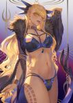  1girl arm_up bangs blonde_hair blush bra bracelet breasts cleavage dragon_girl dragon_horns dragon_tail fate/grand_order fate_(series) fur_trim highres horns jewelry large_breasts long_hair long_sleeves looking_at_viewer mashuu_(neko_no_oyashiro) navel one_eye_closed panties parted_lips purple_background smile solo tail underwear vritra_(fate) yellow_eyes 