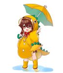  1girl :d brown_hair coat flower-shaped_pupils full_body genshin_impact hair_between_eyes highres hu_tao_(genshin_impact) looking_at_viewer miyako_draw open_mouth rain_boots raincoat red_eyes simple_background smile solo standing symbol-shaped_pupils umbrella v yellow_coat 