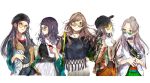  5girls bangs baseball_cap beret black_hair black_shirt brown_eyes brown_hair diagonal_bangs ear_piercing earrings grey_hair hat highres hoop_earrings idolmaster idolmaster_shiny_colors jewelry l&#039;antica_(idolmaster) long_hair mask mitsumine_yuika mouth_mask multiple_girls nail_polish piercing purple_eyes round_eyewear shirase_sakuya shirt sunglasses tanaka_mamimi tsukioka_kogane white_background yae_(mono110) yukoku_kiriko 