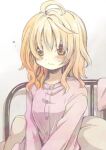  1girl ahoge aoki_ume bed blonde_hair blush brown_eyes buttons character_request check_character check_copyright closed_mouth commentary_request copyright_request hair_over_eyes indoors medium_hair original pajamas pillow pink_pajamas sitting solo upper_body v_arms 