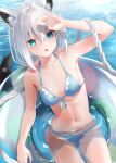  1girl absurdres ahoge animal_ears aqua_eyes arm_up bare_arms bikini blue_bikini braid breasts cowboy_shot fox_ears fox_girl fox_tail front-tie_top hair_between_eyes halterneck highres hololive innertube long_hair looking_at_viewer miaohik navel open_mouth partially_submerged shirakami_fubuki sitting small_breasts solo stomach swimsuit tail thighs twin_braids virtual_youtuber water wet white_hair 