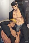  2boys abs alca animal_ears bara bare_pectorals black_hair black_pants blonde_hair brown_eyes bulge chachi_(soulga) crotch_grab erection erection_under_clothes eyebrow_piercing facial_hair green_eyes grey_male_underwear gyee large_pectorals lion_boy lion_ears looking_at_bulge male_underwear multiple_boys muscular muscular_male navel nipples open_pants pants pectorals piercing romg scar scar_across_eye scar_on_face short_hair sitting smile teeth undercut underwear yaoi 