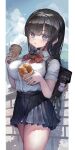  1girl backpack bag bangs black_hair black_skirt blue_eyes blue_sky bow bowtie breasts closed_mouth cloud commentary_request cup day drinking_straw food highres holding holding_cup holding_food hot_dog large_breasts long_hair looking_at_viewer original outdoors pleated_skirt red_bow red_bowtie school_uniform shirt short_sleeves skirt sky solo standing thighs voruvoru white_shirt 