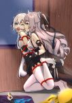  2girls ball_gag bangs bdsm black_dress black_gloves blue_eyes bondage bound bronya_zaychik bronya_zaychik_(silverwing:_n-ex) dress drill_hair femdom full_body gag gloves grey_dress grey_eyes grey_hair heart highres honkai_(series) honkai_impact_3rd indoors long_hair multiple_girls no_shoes one_eye_closed open_mouth restrained side_ponytail sleeveless sleeveless_dress theresa_apocalypse theresa_apocalypse_(twilight_paladin) thighhighs tied_up_(nonsexual) toes twin_drills white_hair white_legwear yiduan_zhu yuri 