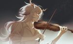  1boy absurdres animal_ears arknights bangs black_background calcite_(arknights) closed_eyes collared_shirt goat_boy goat_ears goat_horns gradient gradient_background grey_hair heiqi_akw highres horns instrument long_hair long_sleeves music parted_lips playing_instrument shirt smile solo violin white_background white_shirt 