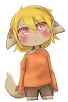  anthro bamfear blonde_hair blush bottomwear brown_body clothing doneru female front_view hair head_tilt hi_res looking_at_viewer shorts simple_background solo sweater tany_(doneru) topwear 