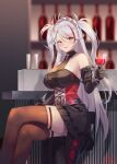  1girl alcohol arm_garter azur_lane bar bar_stool belt_collar black_dress black_gloves blush brown_legwear collar cross crossed_legs cup dress drink drinking_glass elbow_gloves frilled_dress frills gloves highres holding holding_cup holding_drink iron_cross long_hair looking_at_viewer maid_headdress multicolored_hair orange_eyes prinz_eugen_(azur_lane) prinz_eugen_(kindred_evening_spirits)_(azur_lane) shimotsuki_shio sitting solo stool streaked_hair thighhighs thighs tongue tongue_out two_side_up white_hair wine wine_glass wrist_cuffs 