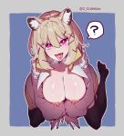  1girl :p ? animal_ear_fluff arknights black_legwear blonde_hair blue_background breasts commentary_request from_above grey_background hair_between_eyes highres kneeling large_breasts looking_at_viewer mirin_chikuwa nipples open_mouth pink_eyes short_hair spoken_question_mark thighhighs tongue tongue_out twitter_username two-tone_background utage_(arknights) 