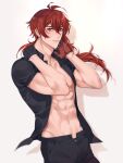  1boy abs black_pants black_shirt brief diluc_(genshin_impact) genshin_impact hair_ornament highres long_hair low_ponytail male_focus male_underwear muscular muscular_male navel open_clothes open_mouth open_shirt pants ponytail red_eyes red_hair rourouki shirt smile thick_eyebrows underwear 