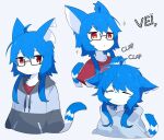  2022 anthro blue_body blue_fur blue_hair character_name clothed clothing devil-vox devy_(devil-vox) domestic_cat eyewear felid feline felis fur gender_symbol glasses hair hi_res hoodie kemono long_hair looking_at_viewer male male_symbol mammal multicolored_tail notched_ear red_eyes solo symbol text topwear white_body white_fur 