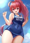  1girl blue_sky blue_swimsuit breasts covered_navel day dorachan_r from_below hair_ornament hair_ribbon highres i-168_(kancolle) kantai_collection long_hair medium_breasts name_tag old_school_swimsuit one-piece_swimsuit ponytail red_eyes red_hair ribbon school_swimsuit sky solo standing swimsuit x_hair_ornament 