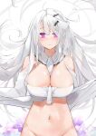  1girl absurdres between_breasts breasts cleavage closed_mouth dema_hmw groin hair_ornament hairclip highres large_breasts long_hair long_sleeves looking_at_viewer original out-of-frame_censoring purple_eyes solo white_hair white_sleeves 