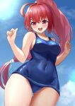  1girl blue_sky blue_swimsuit breasts covered_navel day dorachan_r from_below hair_ornament hair_ribbon highres i-168_(kancolle) kantai_collection long_hair medium_breasts old_school_swimsuit one-piece_swimsuit ponytail red_eyes red_hair ribbon school_swimsuit sky solo standing swimsuit x_hair_ornament 