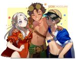  1girl 2boys blonde_hair blue_cape blush braid breasts brown_hair cape chocojax claude_von_riegan cleavage closed_eyes collarbone covered_navel dark-skinned_male dark_skin dimitri_alexandre_blaiddyd edelgard_von_hresvelg eyewear_on_head fire_emblem fire_emblem:_three_houses fire_emblem_heroes flower glasses grin groin hair_flower hair_ornament hand_on_another&#039;s_shoulder highres long_hair looking_at_another multiple_boys muscular muscular_male official_alternate_costume one-piece_swimsuit red_swimsuit smile sweatdrop swimsuit visor_cap white_hair yellow_cape 