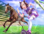 1girl absurdres animal_ears blurry blurry_background cheesecake_(artist) commentary_request creature_and_personification grass highres horse horse_ears horse_girl horse_tail looking_to_the_side purple_eyes racetrack real_life running sky special_week_(racehorse) special_week_(umamusume) sweat tail thighhighs umamusume 