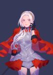  1girl axe cape closed_mouth edelgard_von_hresvelg fire_emblem fire_emblem:_three_houses fire_emblem_warriors:_three_hopes gloves hair_ornament hair_ribbon highres long_hair looking_at_viewer purple_eyes red_cape ribbon saphirya simple_background solo white_hair 