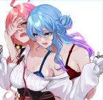  2girls ahoge aqua_hair aqua_nails bangs bite_mark blue_bra blue_eyes bra breasts flower gradient_hair green_eyes hair_between_eyes hair_bun hair_flower hair_ornament half-closed_eyes hand_on_another&#039;s_face highres holding_another&#039;s_wrist hololive hoshimachi_suisei large_breasts long_sleeves looking_at_another multicolored_hair multiple_girls nail_polish off_shoulder pink_hair purple_hair red_bra saco_(cgmore) sakura_miko shirt simple_background single_hair_bun single_side_bun twintails underwear virtual_youtuber white_background white_shirt yuri 