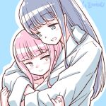  2girls bangs bathrobe blue_eyes blue_hair blunt_bangs blush happy height_difference hug hug_from_behind long_hair looking_at_another magia_record:_mahou_shoujo_madoka_magica_gaiden mahou_shoujo_madoka_magica multiple_girls nanami_yachiyo open_mouth pink_eyes pink_hair sidelocks smile studiozombie tamaki_iroha yuri 