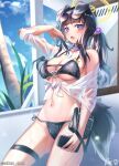 aekun_cben alternate_costume animal_ears bikini black_hair blue_archive breasts cleavage collarbone commentary_request dog_ears dog_tail halo hibiki_(blue_archive) highres long_hair medium_breasts navel purple_eyes stomach sweat swimsuit tail thighs 