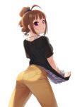  1girl ahoge animal_print ass bangs black_shirt brown_hair check_commentary chestnut_mouth commentary_request drill_hair eyes_visible_through_hair grey_shirt highres idolmaster idolmaster_million_live! kamille_(vcx68) light_blush long_hair looking_back pants purple_eyes scrunchie shirt shirt_tug short_sleeves side_ponytail sidelocks solo thighs white_background wrist_scrunchie yellow_pants yokoyama_nao zebra_print 