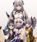  4girls absurdres ball_gag bangs black_gloves black_jacket black_shorts bound bow bowtie breasts bronya_zaychik bronya_zaychik_(haxxor_bunny) bronya_zaychik_(silverwing:_n-ex) bronya_zaychik_(wolf&#039;s_dawn) brown_jacket brown_shorts cleavage closed_mouth collar doll dress drill_hair earrings gag gloves grey_hair grey_shirt hair_bow highres holding holding_doll homu_(honkai_impact) honkai_(series) honkai_impact_3rd jacket jewelry leash long_hair long_sleeves mask mouth_mask multiple_girls multiple_persona orange_bow orange_bowtie polka_dot polka_dot_background red_eyes restrained shirt shorts side_ponytail sleeveless sleeveless_dress smile theresa_apocalypse theresa_apocalypse_(twilight_paladin) tied_up_(nonsexual) twin_drills white_dress white_gloves white_hair yiduan_zhu yuri 