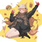  1girl ;d absurdres animal_ears apple arknights black_footwear black_jacket black_legwear black_shirt black_skirt boots braid brown_hair brown_scarf burger ceobe_(arknights) ceobe_(unfettered)_(arknights) dog_ears dog_girl dog_tail ears_through_headwear fangs food french_fries fruit full_body gloves highres holding holding_food jacket long_hair long_sleeves official_alternate_costume one_eye_closed open_mouth oripathy_lesion_(arknights) red_eyes red_gloves scarf seiza shan-zhu shirt side_braids sitting skirt smile socks solo tail tanghulu teeth thumbs_up upper_teeth 