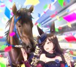  1girl absurdres animal_ears blush breasts cheesecake_(artist) commentary_request confetti crying hair_over_one_eye hat highres horse horse_ears horse_girl long_hair purple_eyes racetrack rice_shower_(racehorse) rice_shower_(umamusume) small_breasts takarazuka_kinen umamusume 