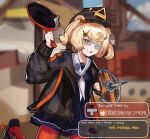 1girl arknights bad_hands bangs black_dress black_jacket blonde_hair blue_sky blurry blurry_background bridge cloud cloudy_sky cosplay crossover double_bun dress frying_pan glasses gummy_(arknights) hair_bun hair_ornament harlequin-wheels hat holding holding_shield jacket long_sleeves looking_at_viewer one_eye_closed orange_eyes orange_legwear outdoors sailor_collar shield sky smile solo team_fortress_2 the_demoman the_demoman_(cosplay) tongue tongue_out tricorne 