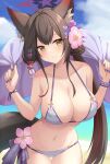  1girl akahi242 animal_ear_fluff animal_ears asymmetrical_hair beach bikini blue_archive blush bracelet breasts brown_eyes brown_hair cleavage collarbone day fox_ears fox_tail halo highres jewelry large_breasts long_hair looking_at_viewer navel outdoors purple_bikini purple_nails sidelocks smile solo swimsuit tail wakamo_(blue_archive) wakamo_(swimsuit)_(blue_archive) 