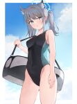  1girl :o absurdres animal_ears arm_at_side ass_visible_through_thighs bag bangs bare_arms bare_shoulders black_swimsuit blue_archive blue_eyes blue_sky breasts bright_pupils cat_ears cloud collarbone competition_swimsuit covered_navel cowboy_shot day duffel_bag groin halo highres looking_at_viewer medium_breasts mismatched_pupils nonddu one-piece_swimsuit open_mouth outdoors shiroko_(blue_archive) short_hair short_ponytail shoulder_bag side_ponytail sidelocks sky solo swimsuit 