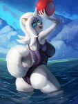  anthro ball beach_ball big_breasts blue_eyes breasts butt canid clothing cloud day digital_media_(artwork) female fur general-irrelevant hair hi_res inflatable looking_back mammal one-piece_swimsuit open_mouth outside smile solo swimwear water white_body white_fur white_hair 