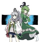  2girls bangs black_headwear blue_headwear bright_pupils closed_mouth commentary_request cross-laced_clothes crossed_arms dress ghost_tail green_dress green_eyes green_hair grey_eyes grey_hair hair_between_eyes hat highres japanese_clothes kariginu long_hair long_sleeves looking_at_viewer mc_pyth mononobe_no_futo multiple_girls ofuda ofuda_on_clothes pom_pom_(clothes) ponytail ribbon-trimmed_sleeves ribbon_trim short_hair smile soga_no_tojiko tate_eboshi touhou turtleneck white_pupils wide_sleeves 