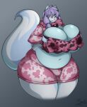  2019 4k abstract_background absurd_res anthro artist_name bell belly big_belly big_breasts big_tail blue_body blue_eyes blue_fur blue_hair bottomwear breasts bulge cleavage clothed clothing collar crop_top digital_drawing_(artwork) digital_media_(artwork) domestic_cat felid feline felis fluffy fluffy_tail fur gabe_(dreamingneonblack) gynomorph hair hi_res holding_breast huge_breasts hybrid intersex long_tail mammal midriff multicolored_body multicolored_fur navel nipple_outline one_eye_closed overweight overweight_gynomorph overweight_intersex rodent sciurid shirt shorts signature simple_background smile solo standing superix thick_thighs topwear tree_squirrel white_body white_fur wide_hips 