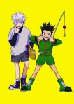  2boys black_hair blue_eyes child commentary english_commentary finger_in_own_mouth fishing_rod full_body gon_freecss highres holding hunter_x_hunter killua_zoldyck long_sleeves looking_at_viewer male_child male_focus multiple_boys open_mouth potatofupota short_hair shorts simple_background skateboard sketch smile spiked_hair standing white_hair yellow_background 