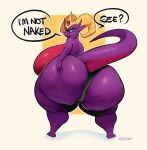  anthro big_breasts big_butt blue_eyes bottomwear breasts butt camel_toe clothed clothing crown english_text female hand_on_butt hi_res horn huge_breasts huge_butt huge_hips huge_thighs hyper hyper_breasts hyper_butt jelly_(dndoubled) kobold looking_at_viewer looking_back multicolored_body non-mammal_breasts open_mouth question_mark scalie shorts solo speech_bubble sqoon text thick_thighs topless two_tone_body wide_hips 